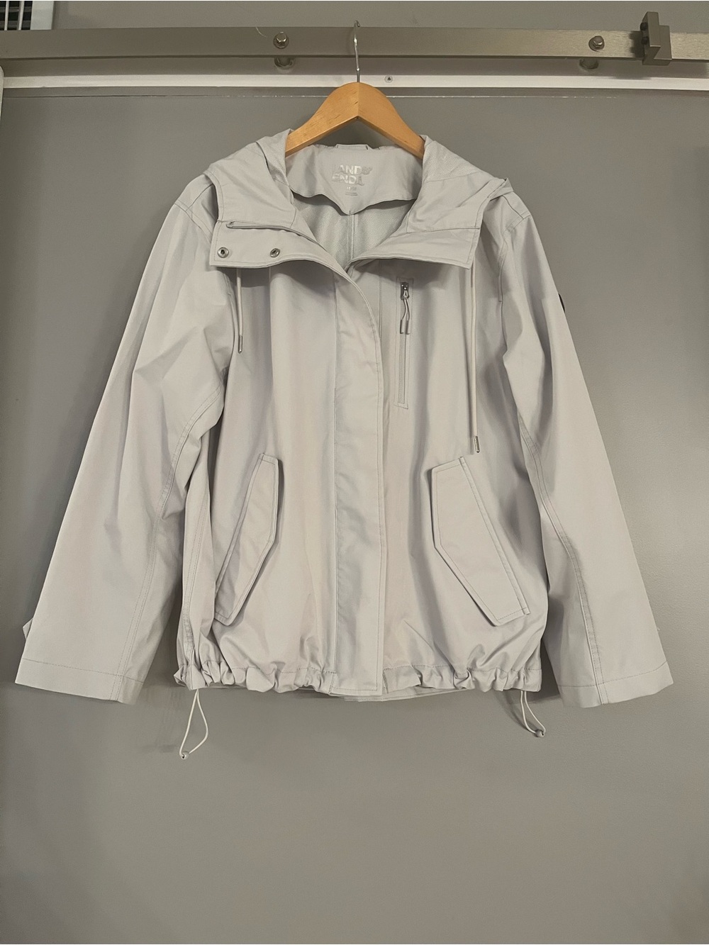 Lands' End Light Gray Hooded Waterproof Jacket, M